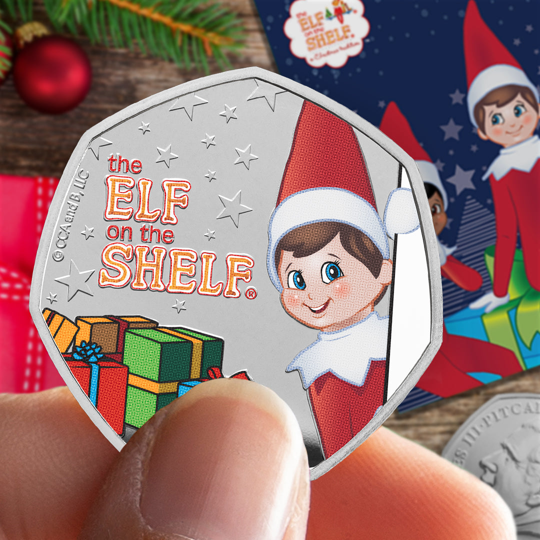 The Official 2023 Elf on the Shelf BU 50p Coloured Coin in Christmas Card Coin