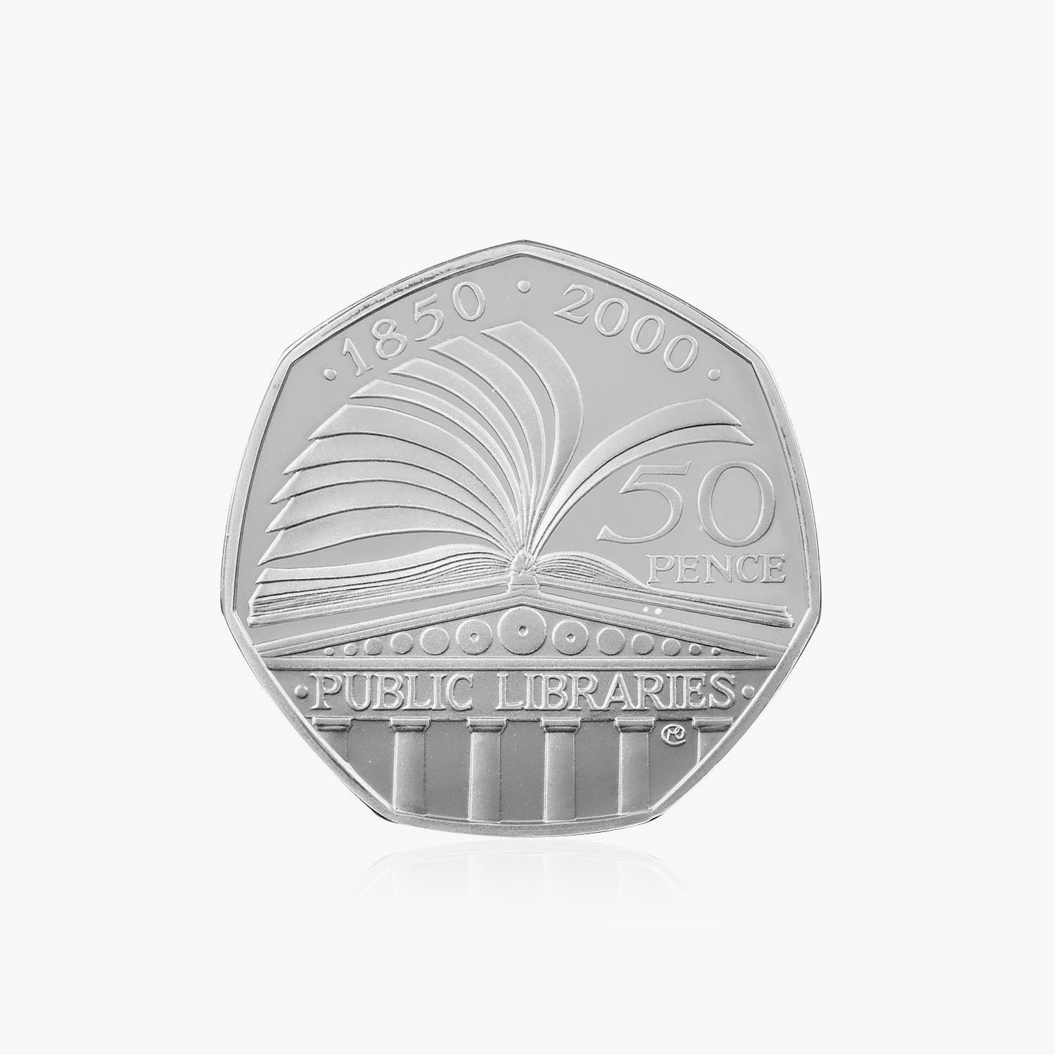 Moneda de 50 peniques del 150 aniversario de la Ley de Bibliotecas Públicas en circulación de 2000