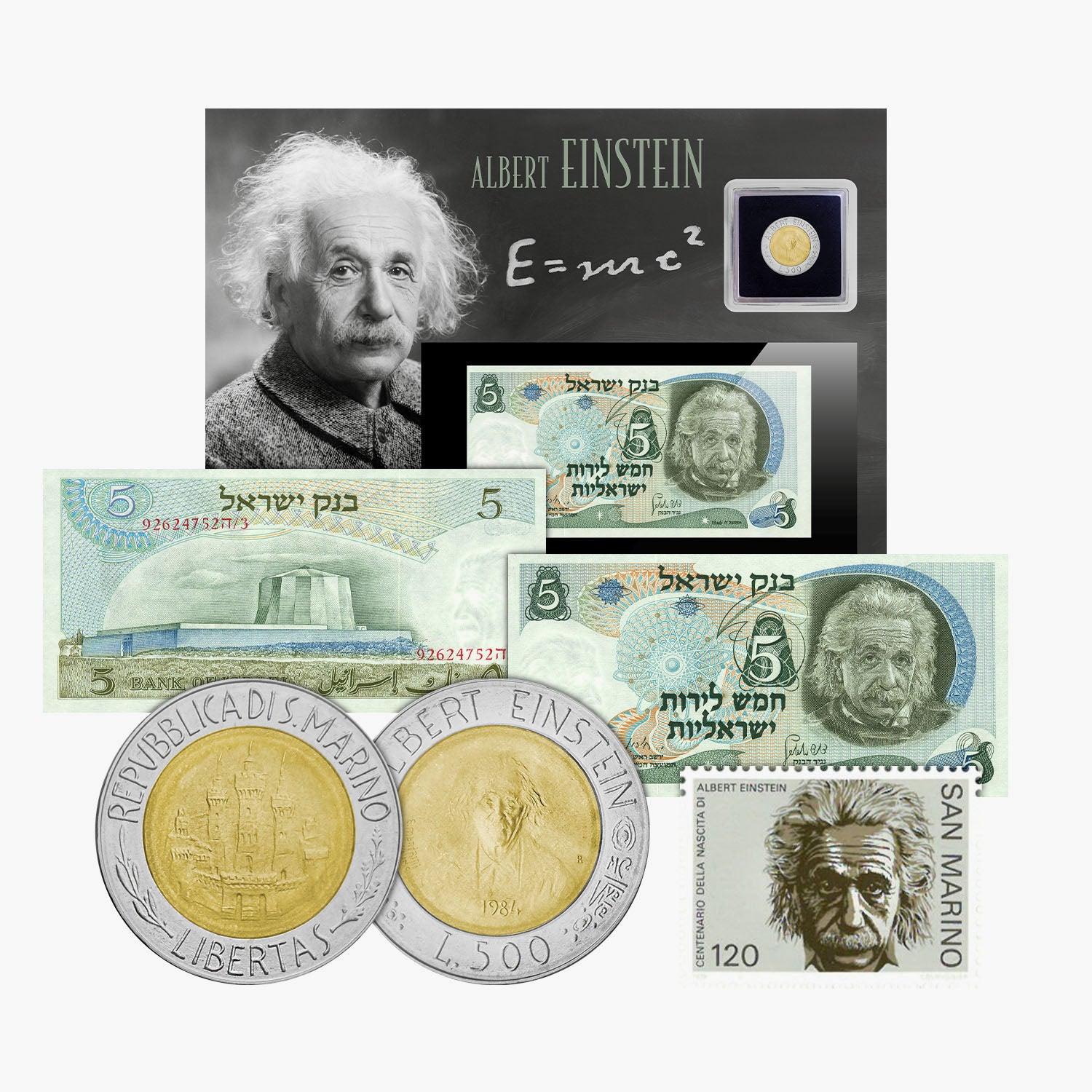 Albert Einstein coin banknote and stamp collection