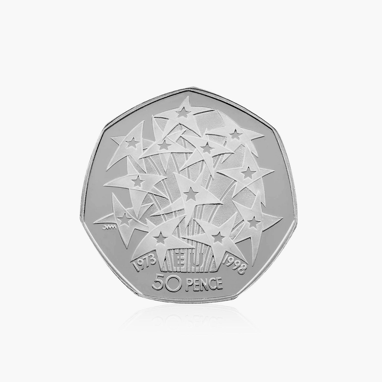 Moneda de 50 peniques del 25º aniversario de la Presidencia de la UE circulada en 1998