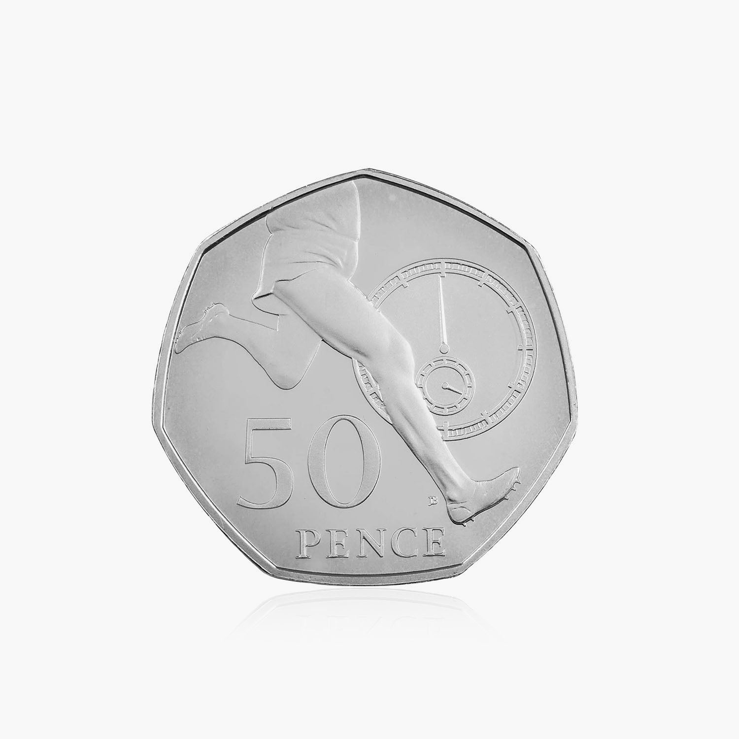 Moneda de 50 peniques del 50 aniversario de Roger Bannister en circulación en 2004