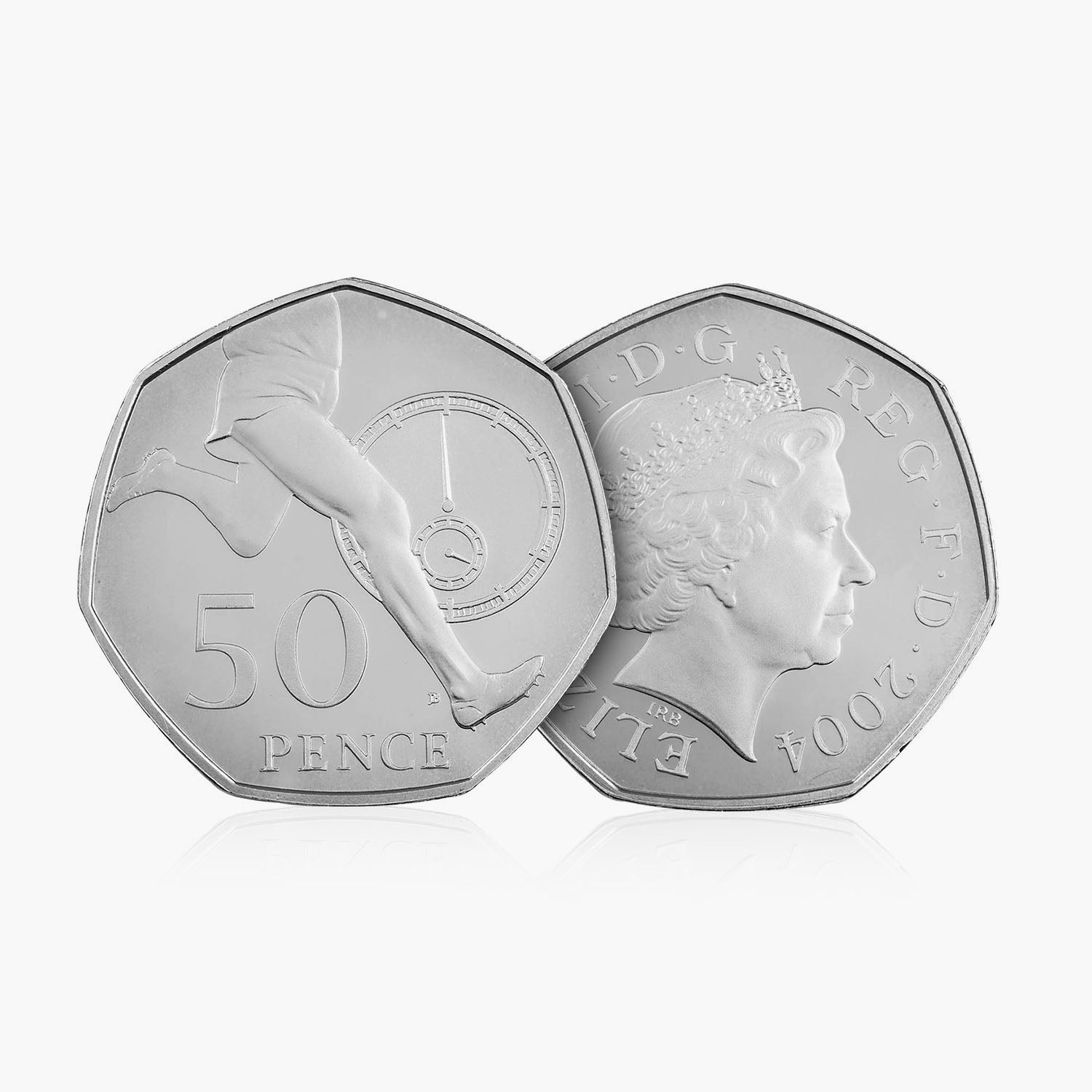 Moneda de 50 peniques del 50 aniversario de Roger Bannister en circulación en 2004