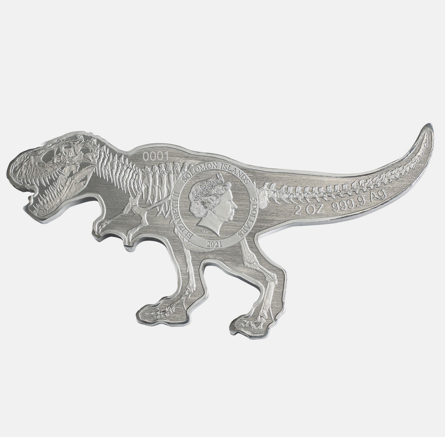 Tyrannosaurus Rex 3D 2oz Solid Silver Shaped Coin