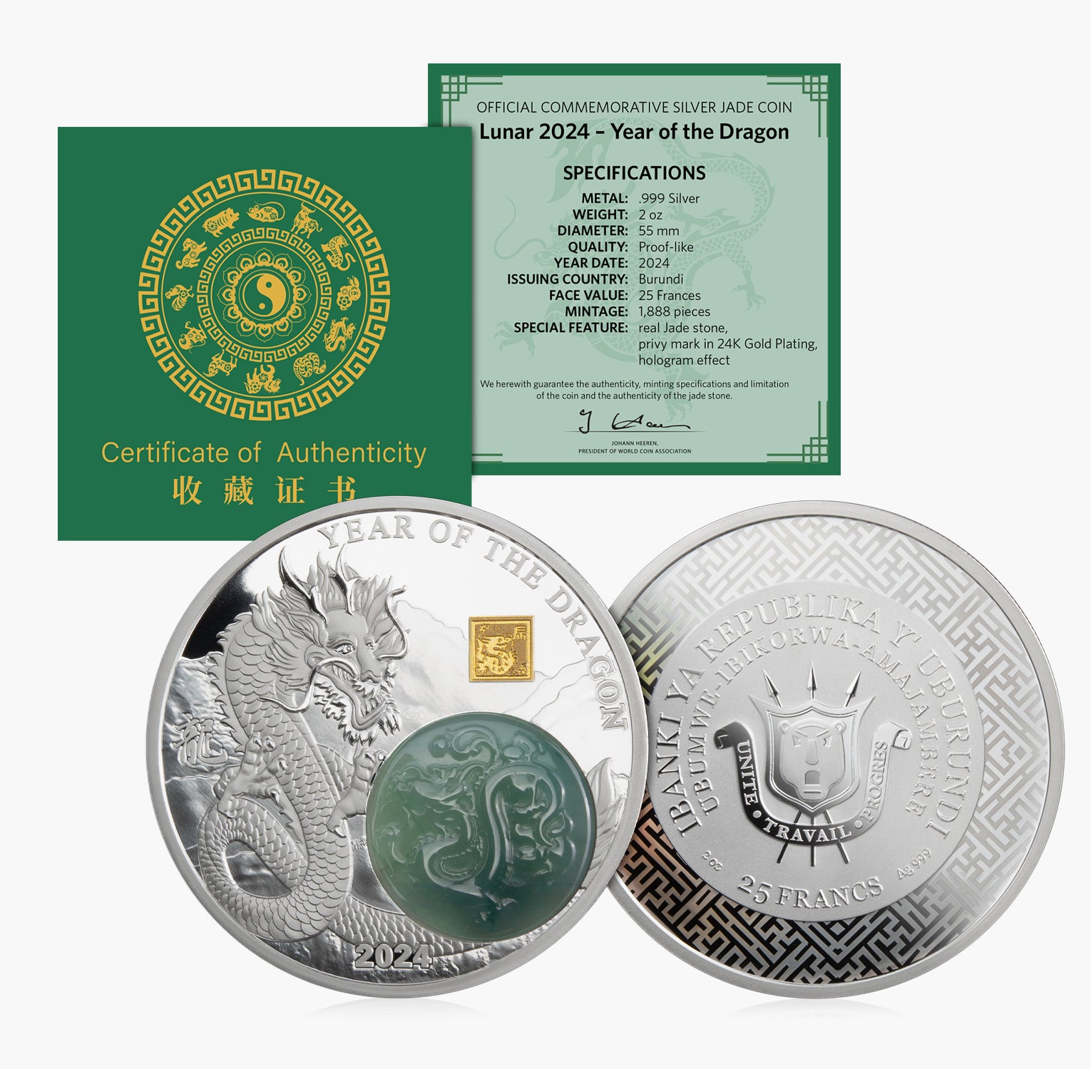 2024 Lunar Year Of The Dragon 2oz Silver Coin With a Natural Jade Ston